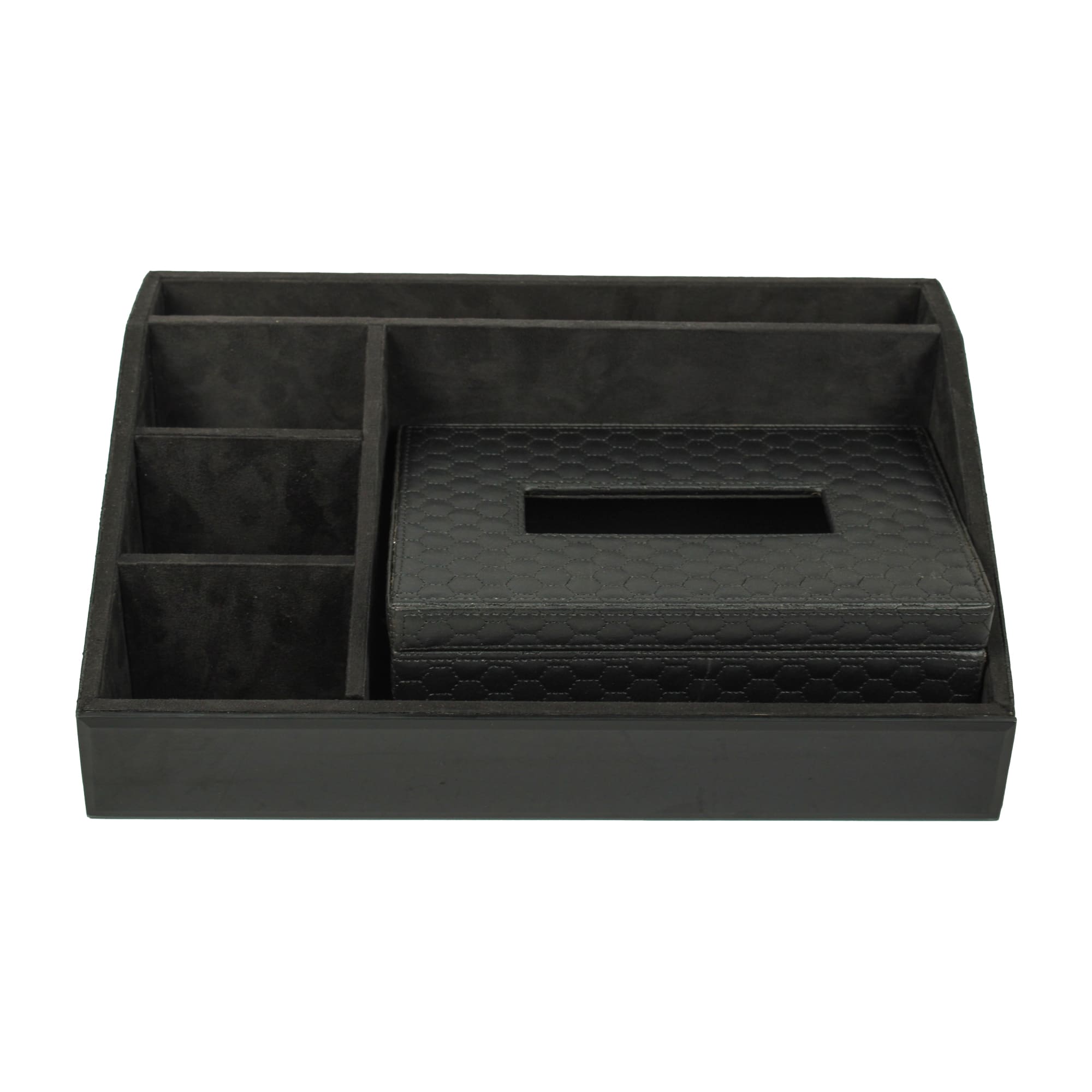 Premium Black Leatherite Stationery Desk Organizer With Tissue Box